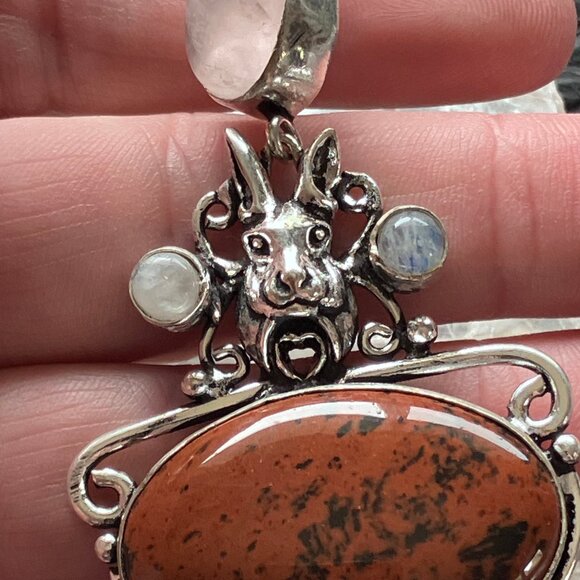 Mahogany Obsidian Rainbow Moonstone and Rose Quartz Rabbit Crystal Pendant - Picture 5 of 7